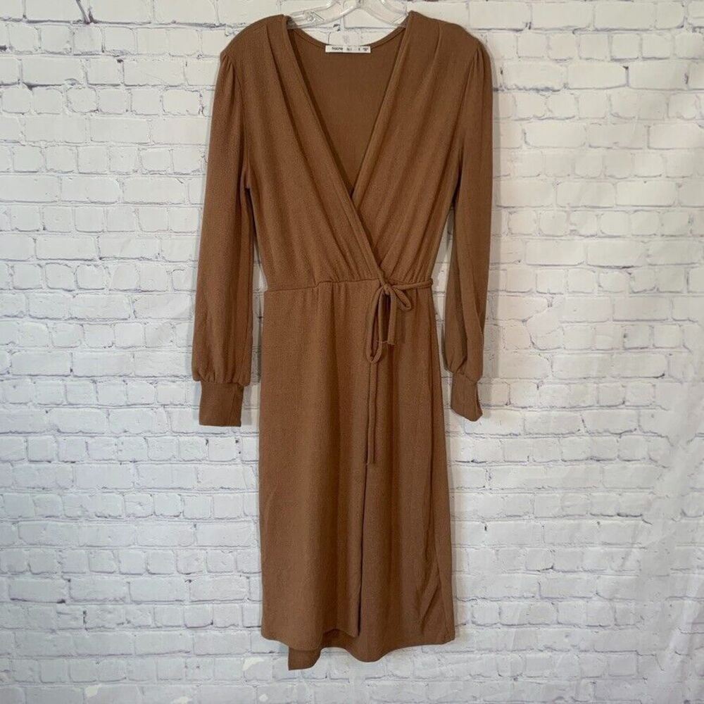 Fraiche by J Crossover Tie Front Midi Long Sleeve Dress Brown Size Small